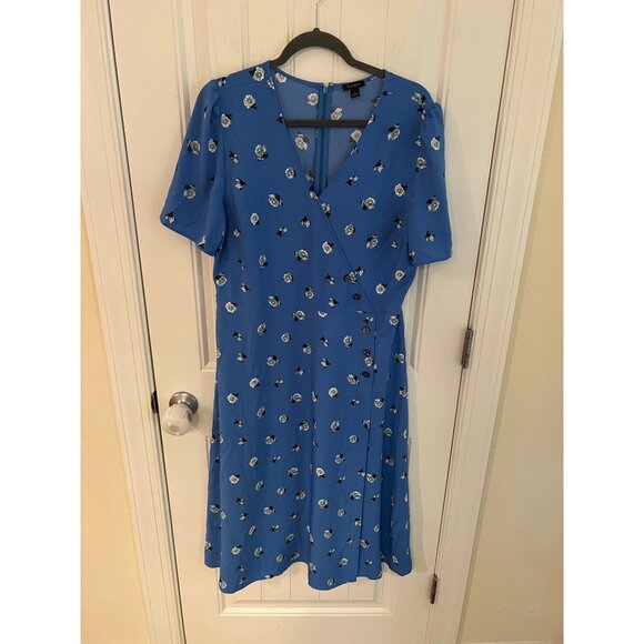 Ann Taylor Floral Blue Faux Wrap Short Sleeve‎ V Neck Dress Size 14 - Picture 1 of 4